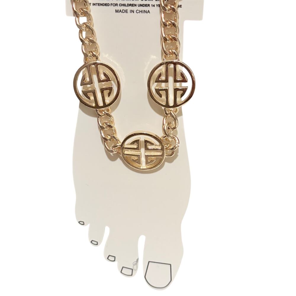 Gold Tone Curb Chain Anklet with Cutout Circle Medallion Links - 9" New